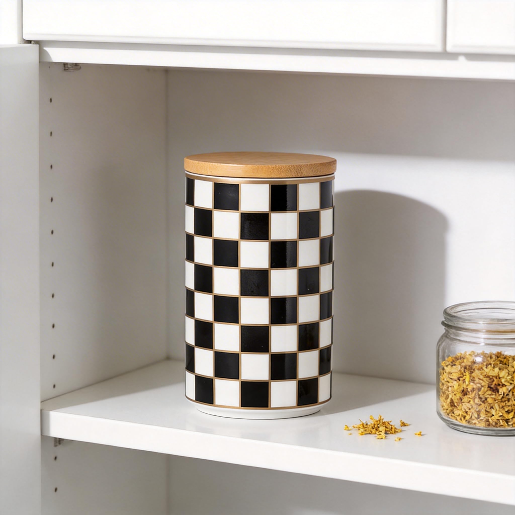 XYQXYQ Kitchen Countertop Ceramic Checkered Canisters,Black And White Food Storage Containers With Lid,Airtight Kitchen Canisters for Flour, Sugar, Coffee, Tea, and Dry Goods (Black, Large)
