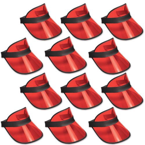 Beistle Clear Red Dealer’s Visors – 12 Pack, Transparent Plastic Sun Visors with Black Band, Lightweight Headwear for Events, Casino Themed Celebrations & Group Activities, One Size Fits Most Adults