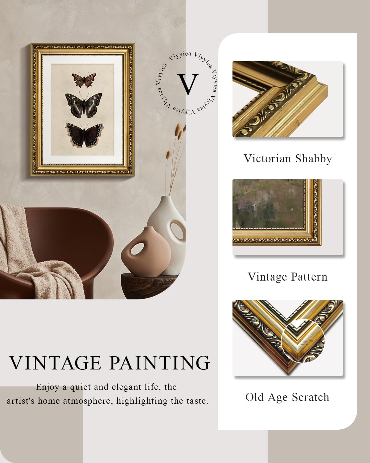 VIYYIEA Vintage Gold Framed Butterfly Wall Art - Retro Canvas Prints for Bedroom & Bathroom Decor | 11x14 Inch