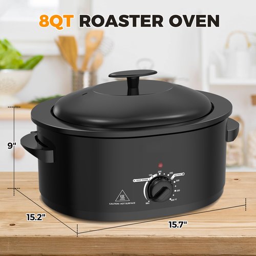 8 Quart Roaster Oven with Self-Basting Lid, Turkey Roasting Pan with Removable Roasting Rack, Turkey Defrost & Warm Function, Adjustable Temperature for Use as a Slow Cooker, Stainless Steel, Black