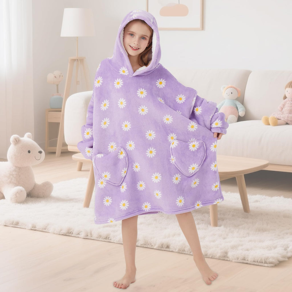 Wearable Blanket Hoodie for Kids Oversized Sherpa Blanket Hoodie for Kids Boys Girls Teens 6-13YR,Daisy
