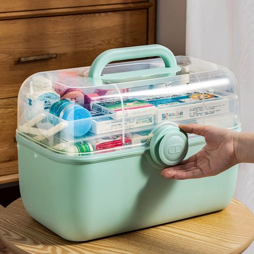 Family First Medicine Storage Container - 3-Tier Foldable Organizer with Removable Pill Case | Green