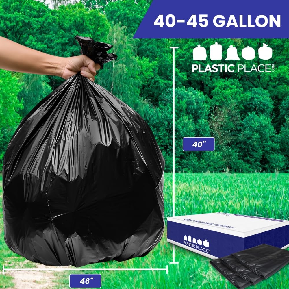 Plasticplace Heavy Duty Trash Bags, 40-45 Gallon, Black, Industrial Strength, Tear-Resistant, Leak-Proof, Large Garbage Bags for Yard, Construction, Lawn, 100 Count 1.5 Mil, 40"x46"