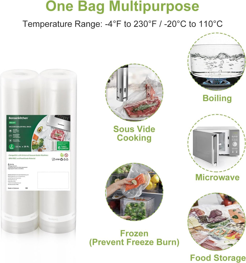 Bonsenkitchen Vacuum Sealer Bags - Heavy Duty 11" x 20' Rolls | BPA-Free Food Storage Saver, Ideal for Sous Vide Cooking