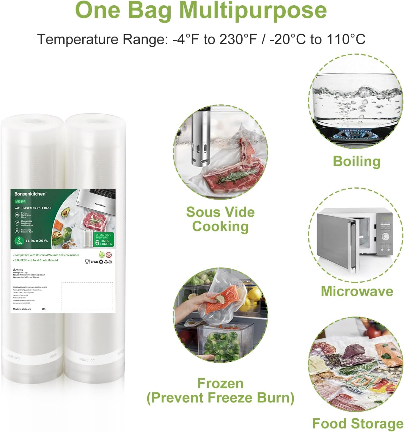 Bonsenkitchen Vacuum Sealer Bags - Heavy Duty 11" x 20' Rolls | BPA-Free Food Storage Saver, Ideal for Sous Vide Cooking