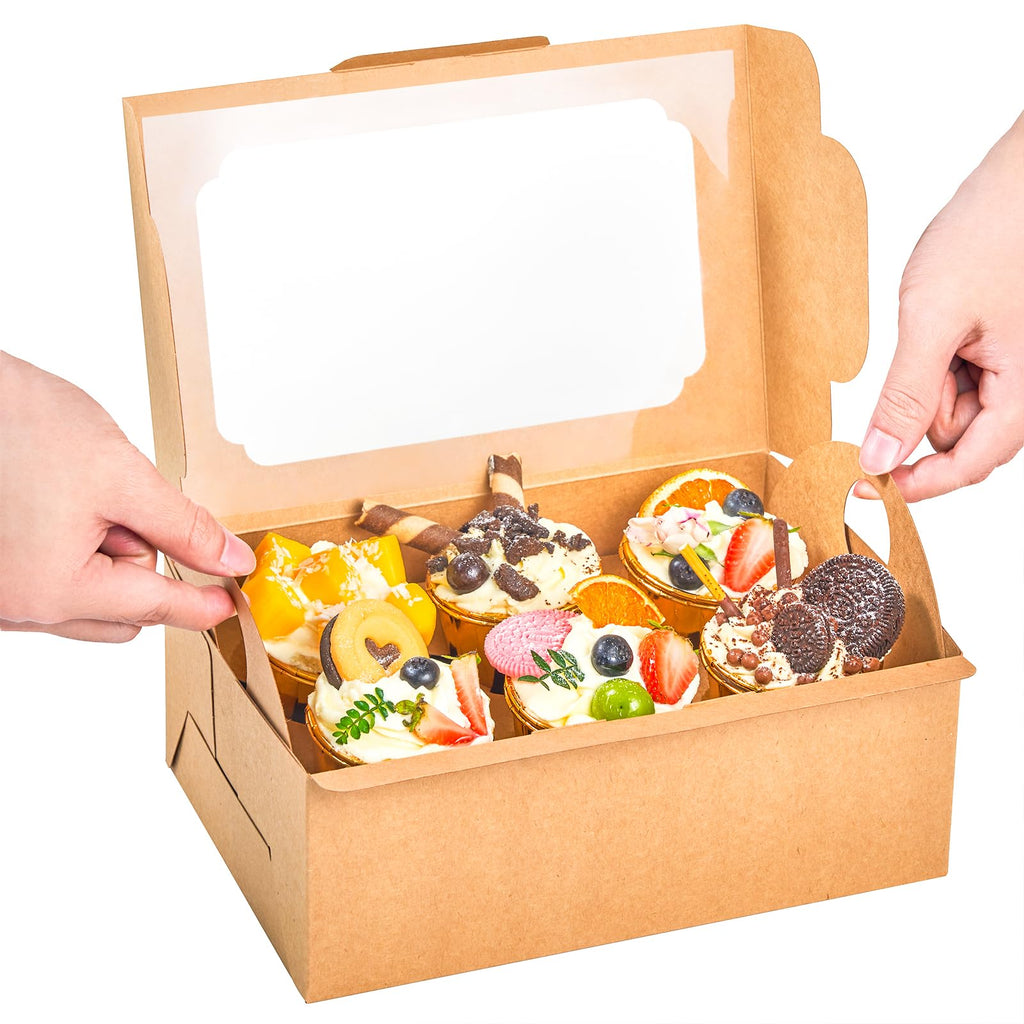 UnicoPak 5 Pack 10x6.8x4 Inch Tall White Cupcake Boxes with Handle Tray, Large Cupcake Boxes 6 Count Muffin Boxes for Standard or High Creams Jumbo Cupcakes