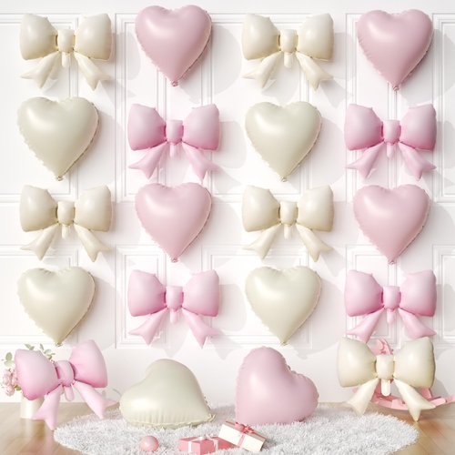 20 PCS Pink Cream Heart Balloons, Pink Bow Balloons, 18 Inch Heart Shaped Balloon 21 Inch Bow Balloon for Girls Women Birthday Valentines Wedding Engagement Galentine's Day Bridal Baby Shower Party