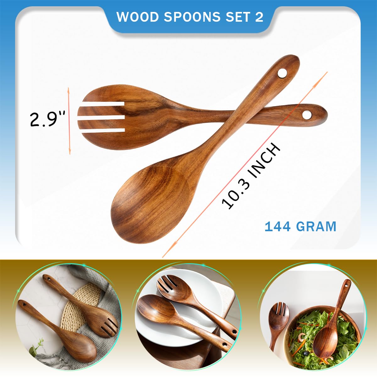 Teak Wooden Spoons 10.2-Inch Pack of 2, Salad Serving Spoons, Wooden Salad Spoon for Cooking, Teak Wood Serving Spoon