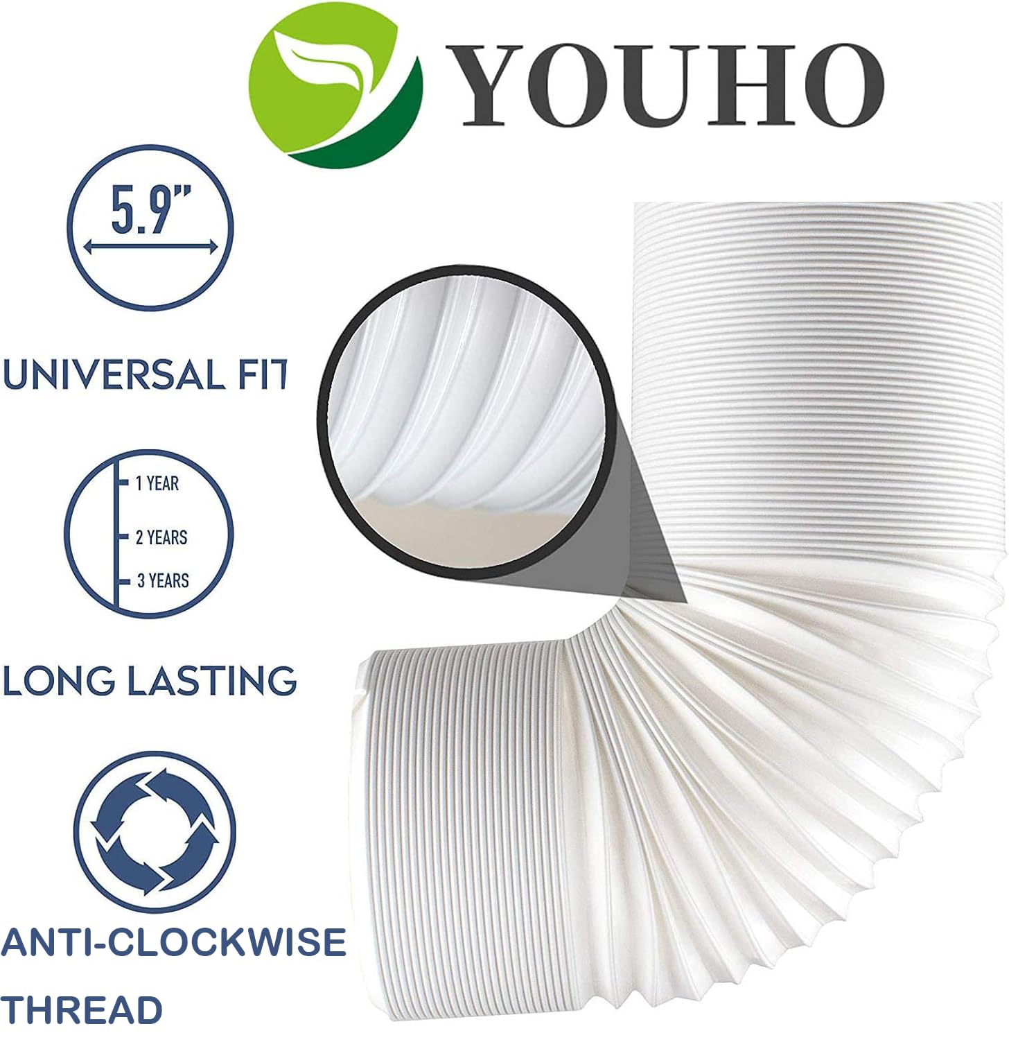 YOUHO Air Conditioner Hose, Portable Exhaust Vent Hose with 5.9 Inch （6”） Diameter, Counterclockwise AC Hose Length to 80 Inch, Universal Replacement AC Vent Hose for LG and Many More Portable AC
