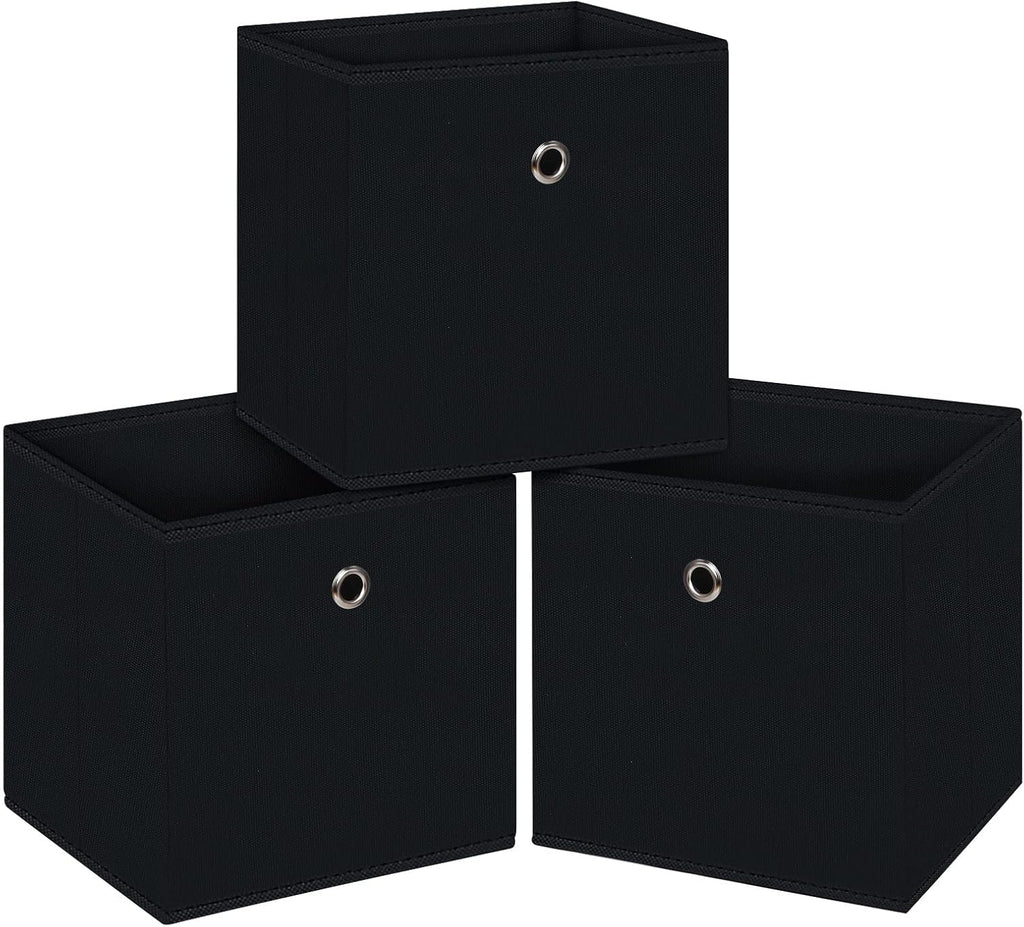 Skiennix Foldable Storage Cubes - 11 Inch Cloth Organizer Bins with Handles | Set of 3 Black Fabric Boxes
