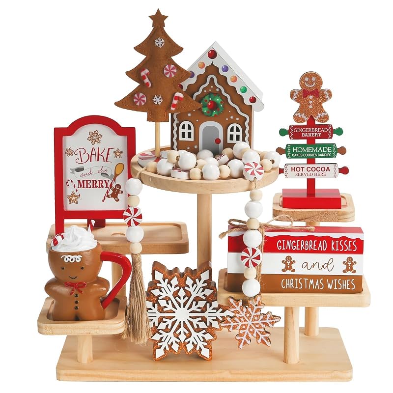 Gingerbread Christmas Decorations 8-Piece Tiered Tray Decor Set - Gingerbread Xmas Variation