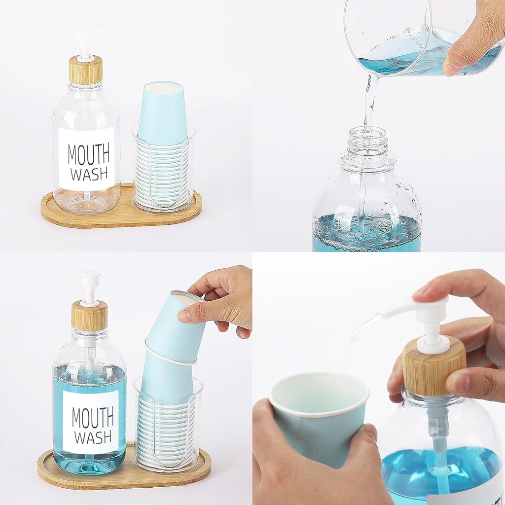 Regine Switzerland Mouthwash Dispenser - 17oz Refillable Clear Pump Bottle with Tray for Bathroom Organization