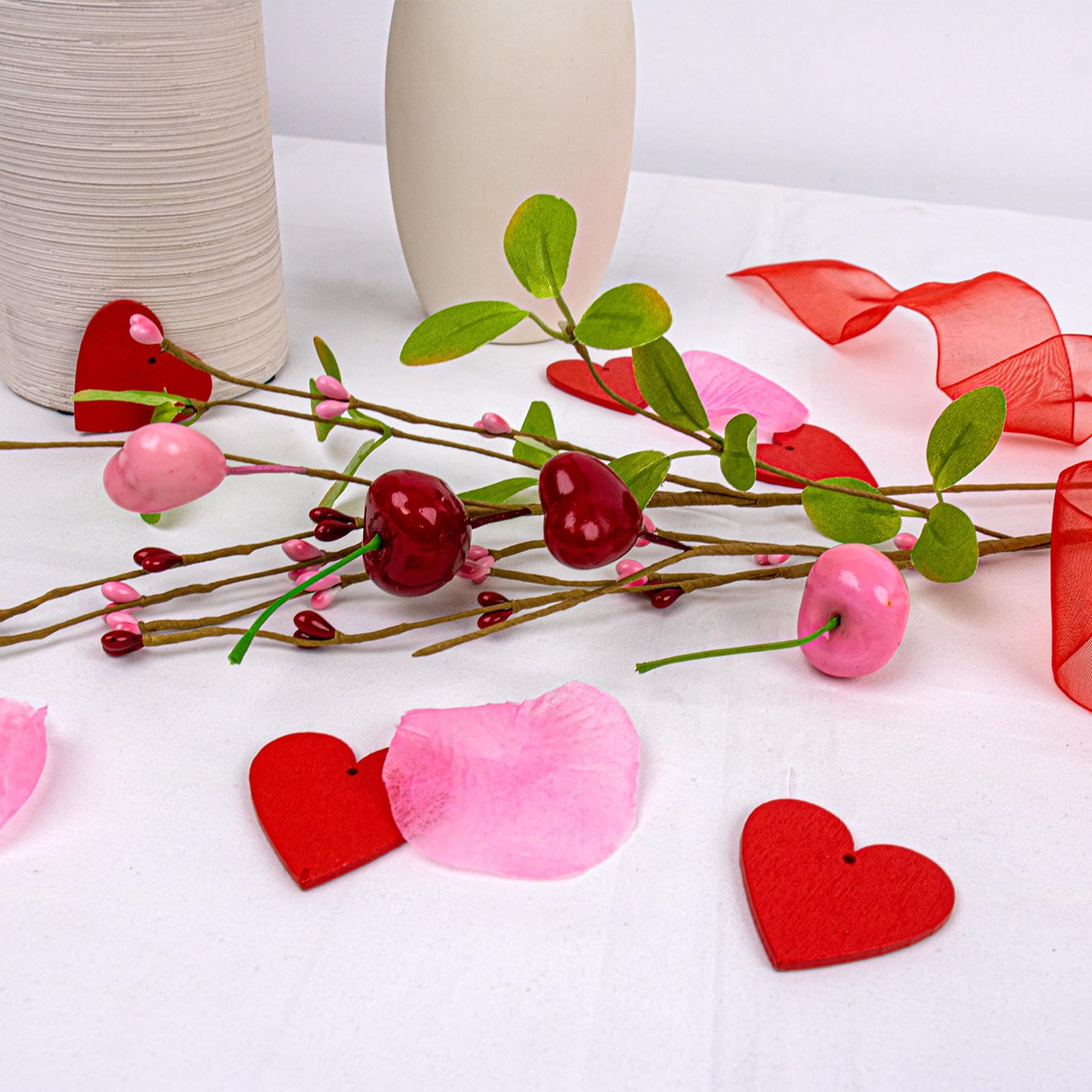Yawwind 12 PCs Valentine Table Centerpieces 17 Inches Valentines Picks Valentines Day Floral Stems Romantic Heart Flower Picks with Cherry for Gift Vase Table Centerpiece Wedding Indoor Decor