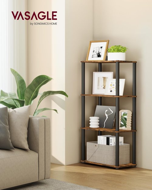 VASAGLE Superfast Toolless Assembly, 4-Tier Shelf for Living Room, Standing Shelf, Bookshelf, Bedroom, Kitchen, 9.4 x 15 x 41.3 Inches, Rustic Brown and Ink Black ULLS152K01