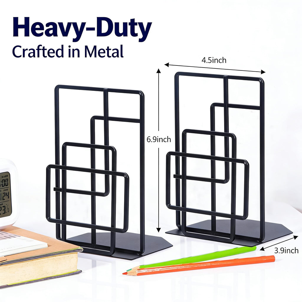 SRIWATANA Book Ends Heavy Duty, Decorative Black Bookends for Shelves, Window Lattice Design