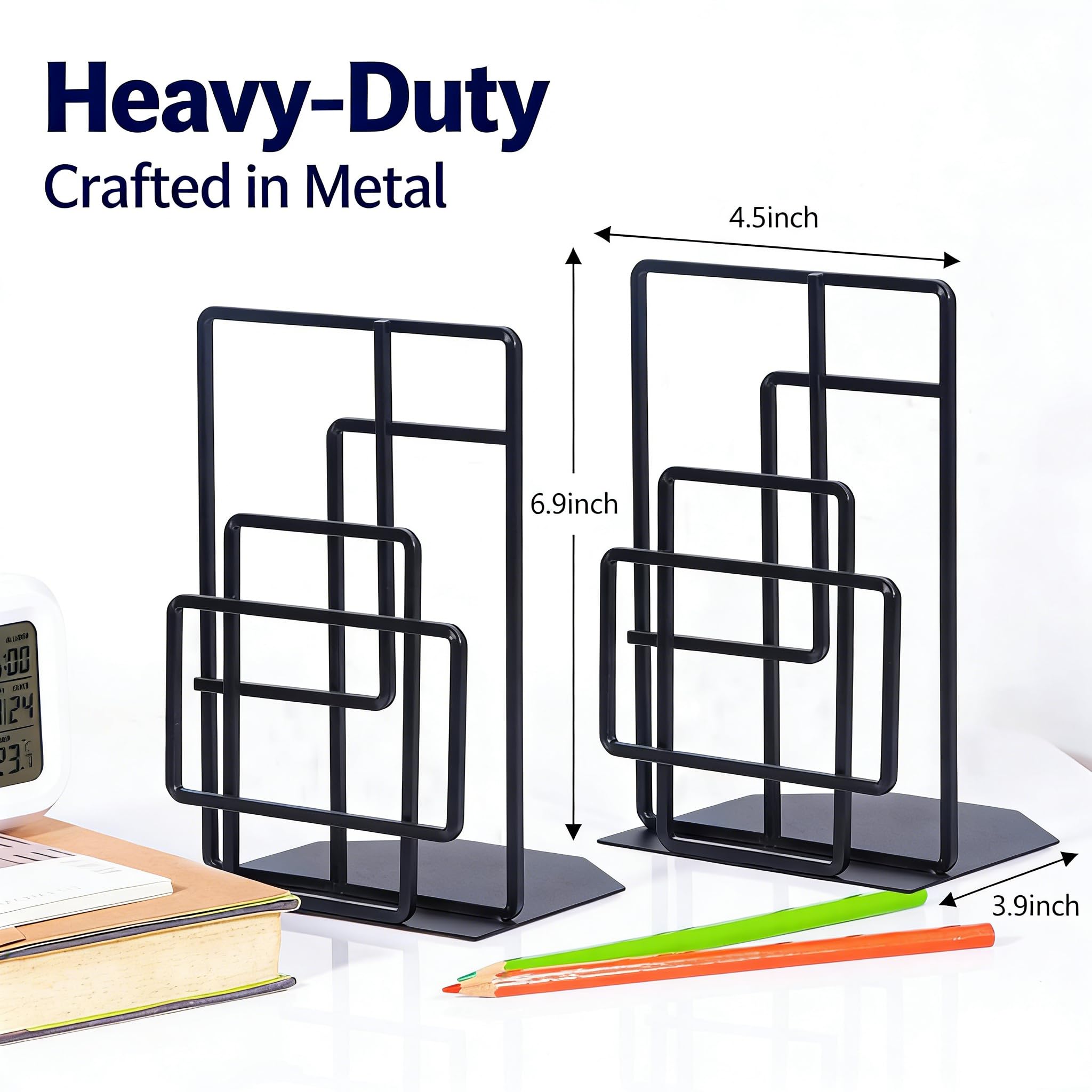 SRIWATANA Book Ends Heavy Duty, Decorative Black Bookends for Shelves, Window Lattice Design