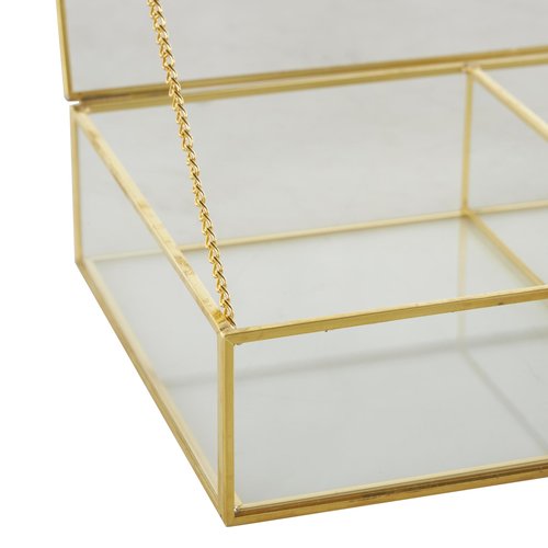 Deco 79 Glass Decorative Jewelry Box 3 Slot Jewelry Organizer with Gold Metal Frame and Chain Accent, Jewelry Holder 10" x 7" x 2", Clear