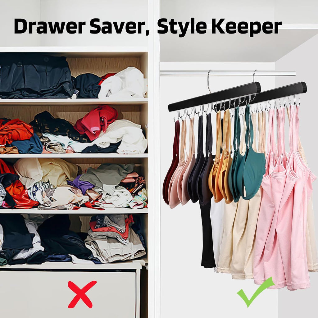 NECAMOCU Bra Hanger - Premium Wooden Closet Organizer with 36 Foldable Hooks | Space-Saving Design, Black