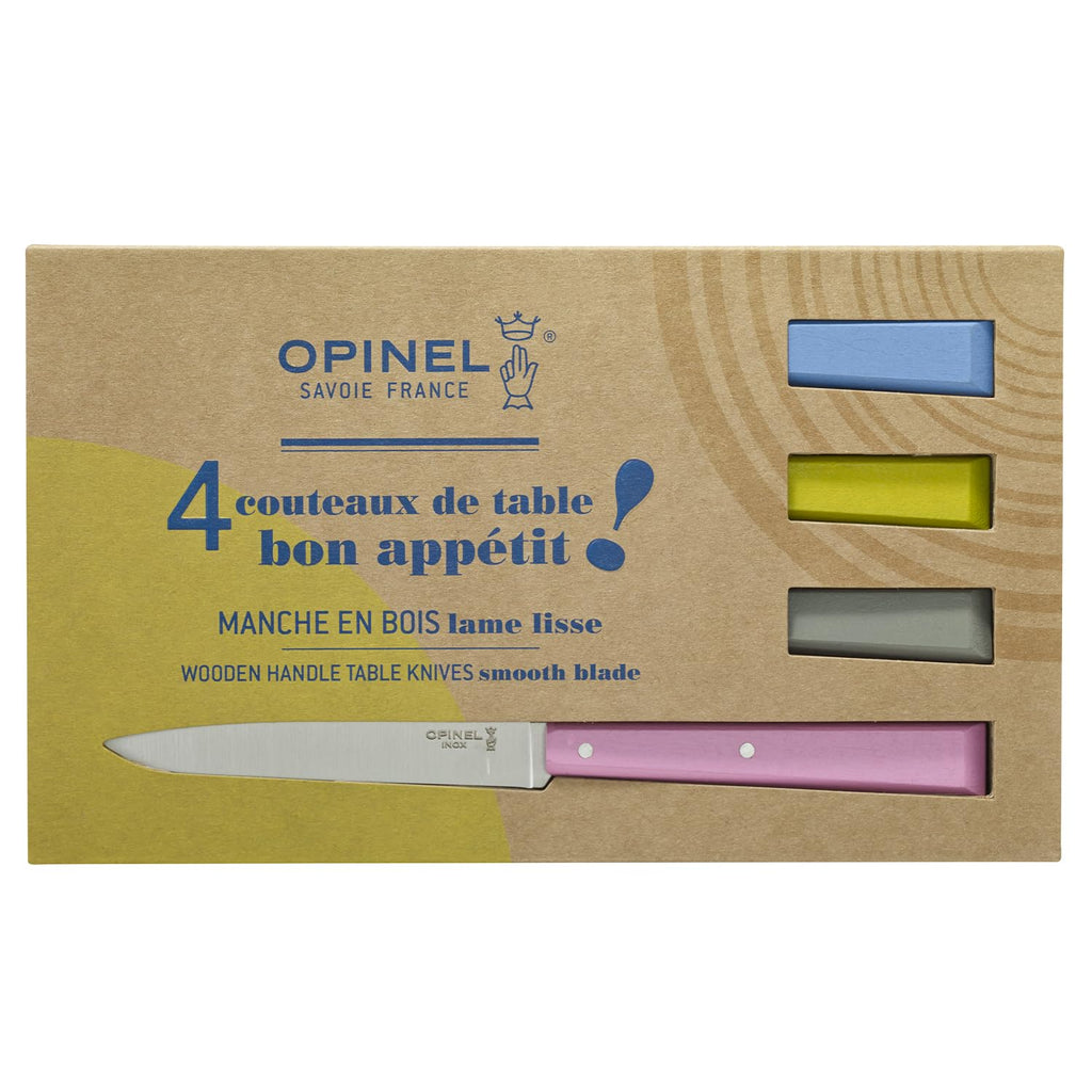 OPINEL No. 125 Table Knives, 4 Piece Set, High Carbon Steel Dinner Knives for Parties, Entertaining, or Everyday Use, Painted Hornbeam Handles, Made in France (Countryside)