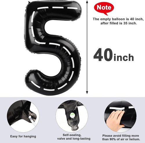 Balloon Numbers - 40 Inch Black Number Balloons for 5th Birthday & Wedding Decor | 5 Pack