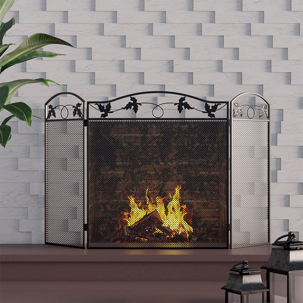 Calidola 3-Panel Foldable Black Steel Fireplace Screen Spark Guard Fence,Leaf Design Screen Metal Decorative Mesh Cover