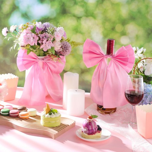 Hoteam 12 Pcs Large Pink Satin Bows Party Decoration 8.8 x 12 Inch Big Pink Bows with Twist Tie and Double-Sided Sticker for Birthday Valentine's Day Wedding Party Coquette Baby Showers Garland Decor