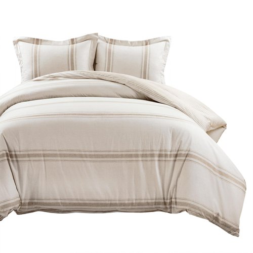 Lush Decor Farmhouse Stripe Reversible Cotton Duvet Cover Queen Size 3 Piece Set Full/Queen Neutral - Farmhouse Bedding Set - Striped Duvet Cover