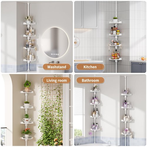 360° Rotating Shower Caddy Tension Pole, 4 Tiers Corner Shower Organizer for Bathroom Shelf Bathtub, Adjustable Standing Shower Rack Bathroom Accessories, Easily Assemble, 34-124 Inch Height, White