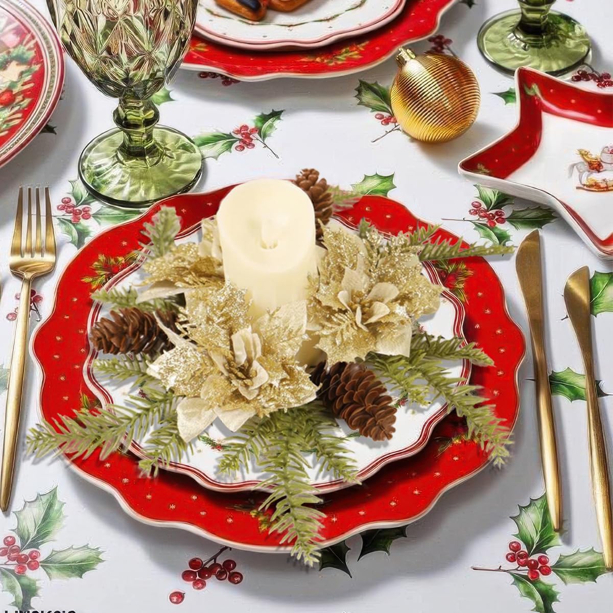 Regine Switzerland Christmas Candle Ring Wreath - Gold Glitter Poinsettia & Pinecone Decoration for Holiday Tables