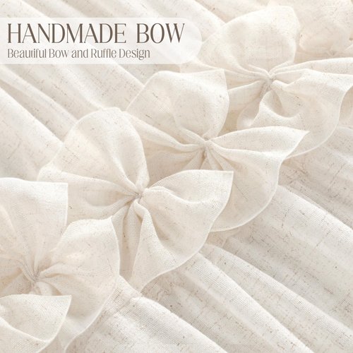 XOGUIBO Ruffle Shower Curtain with Bow Vintage Farmhouse Linen Shower Curtain for Bathroom, Cream, 72" W x 72" H