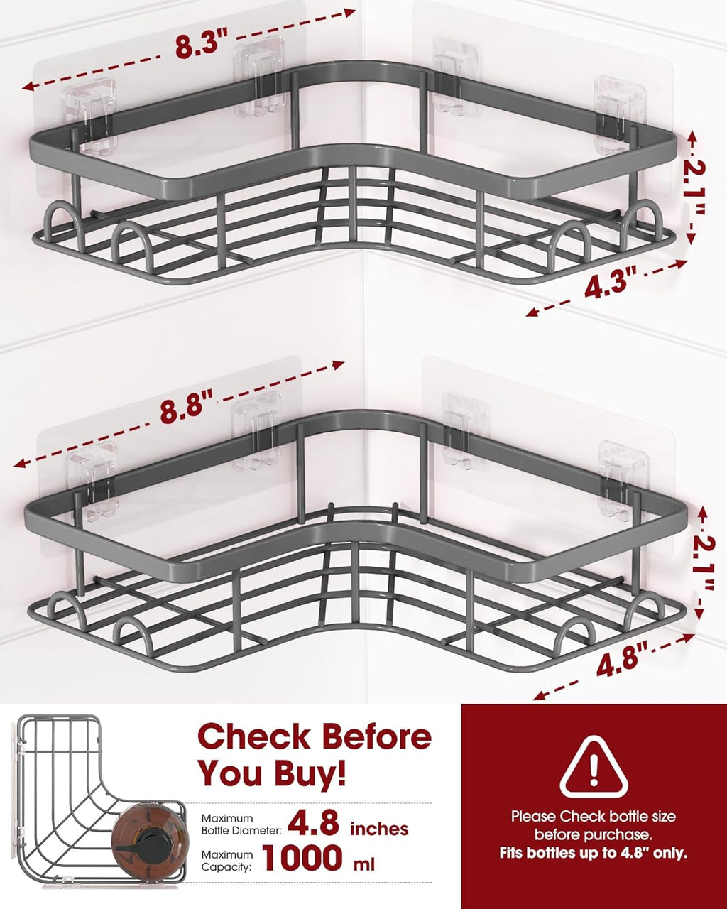 Sakugi Corner Shower Caddy - Rustproof Stainless Steel Organizers with 8 Hooks | No-Drill, Space-Saving, Grey, 2 Pack