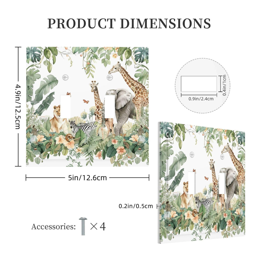 Ihsourgnitnem Decorative Switch Plates Tropical Leves And Safari Animals 2 Gang Double Toggle Outlet Light Switch Cover Wall Plate Electrical Faceplate For Nursery Kids Room Decor