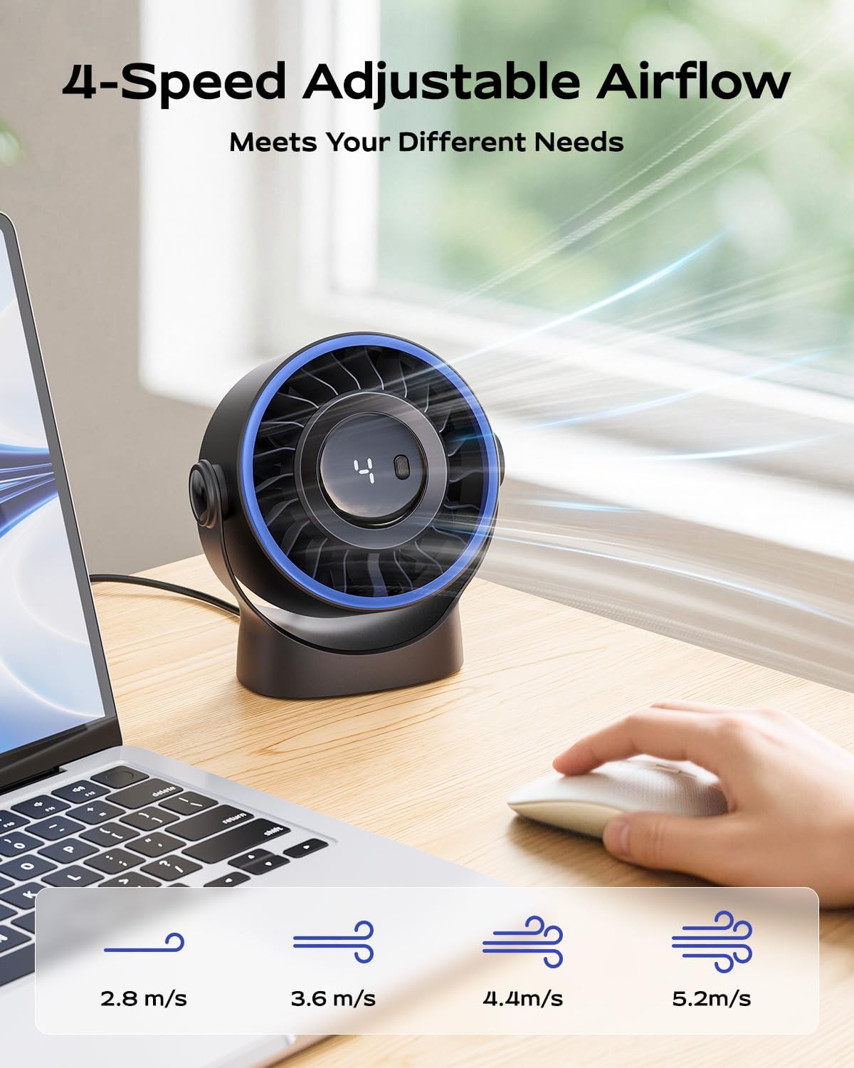 Sweetfull USB Small Desk Fan - 5-Inch Mini Personal Fan with 4 Speeds, 360° Adjustable Tilt, Quiet & Portable - Black