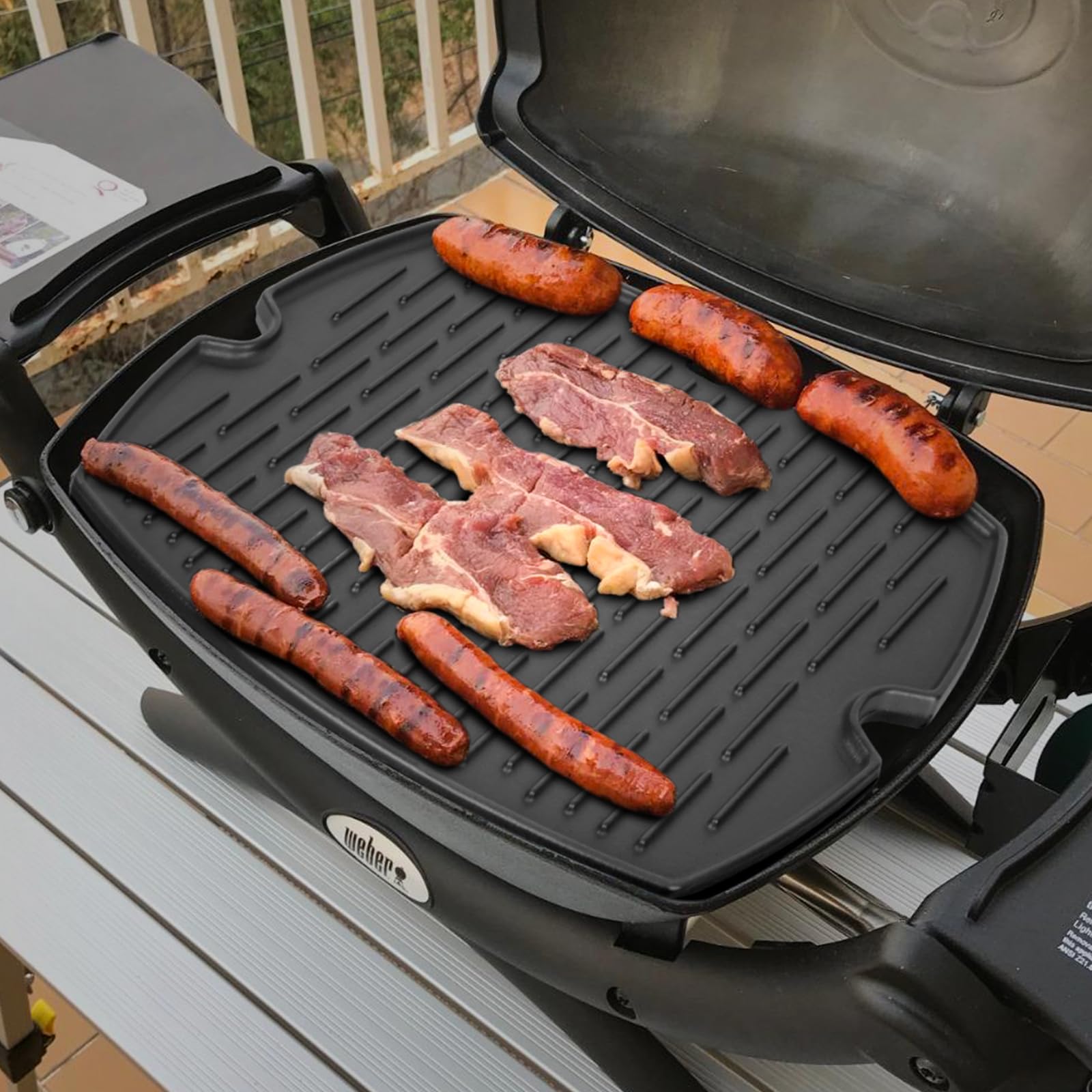 Outspark 7582 Grill Griddle for Weber Q1000 Q1200 Q1400 Q100 Q120 Q140 Series, 50060001 51060001 52020001 386001 386002,Cast Iron Cooking Pan for Weber Baby Q Accessories, with Carry Bag
