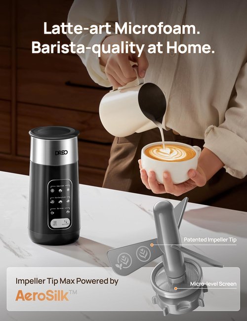 DREO Electric Milk Frother - 8-in-1 Stainless Steel for Latte Art & Coffee | 9oz Warm & Cold Foam
