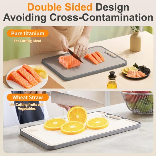 Infumm Titanium cutting boards for Kitchen,2-in-1 Double Sided Food Grade,Pure Titanium and Wheat Straw PP, Double Chopping Boards for Meat and Fruits Easy to Clean Size 15’’x10’’