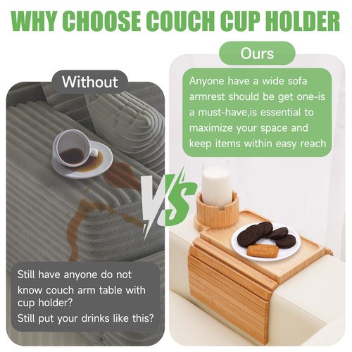 SINWANT Couch Cup Holder Tray,Large Bamboo Couch Armrest Table with Cup Holder,Foldable Anti-Slip Sofa Arm Tray for Coffee Cup,Water Bottles,Mug,Snacks,Remote