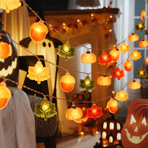 LOLStar Fall Decor Lights, 9.8FT 20 LED Thanksgiving String Lights, Battery Operated (Not Included) with Timer Function and 8 Flash Modes, Pumpkin, Maple Leaf, Acorn Light for Autumn Home Indoor Decor