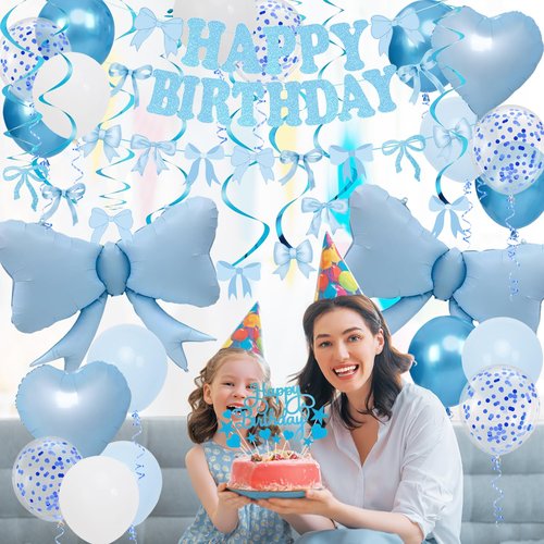 Blue Bow Birthday Decorations, Happy Birthday Banner Garland and Hanging Swirls, 28Pcs Balloons, Cake Toppers, Bow Themed Party Decorations for Girls Women