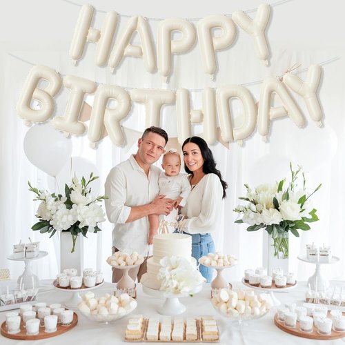 Happy Birthday Balloon Banner by Cream - Neutral Beige Foil Balloons | 16 Inch Ivory White Bunting for Party Decor