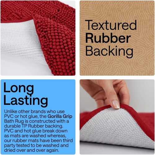 GORILLA GRIP Bath Rug Mat - Thick Soft Absorbent Chenille | Quick Dry Microfiber, 36x24, Red