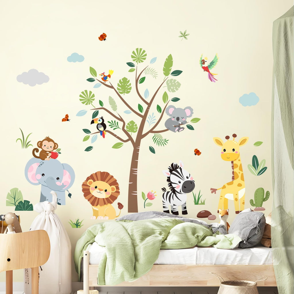 Supzone Jungle Animals Tree Wall Decals Safari Elephant Giraffe Lion Zebra Wall Stickers for Kids Toddlers Bedroom Living Room Baby Nursery Wall Decor