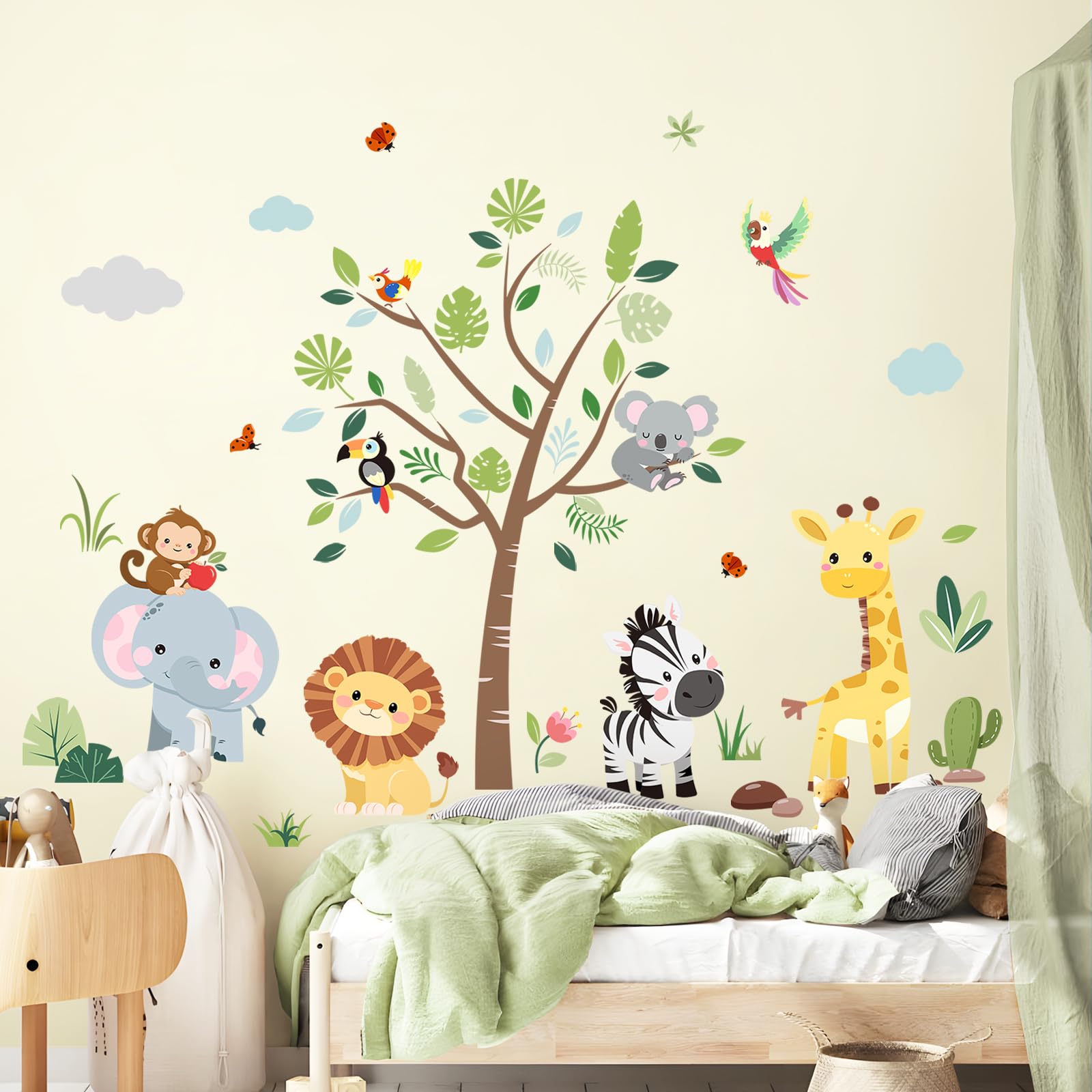 Supzone Jungle Animals Tree Wall Decals Safari Elephant Giraffe Lion Zebra Wall Stickers for Kids Toddlers Bedroom Living Room Baby Nursery Wall Decor