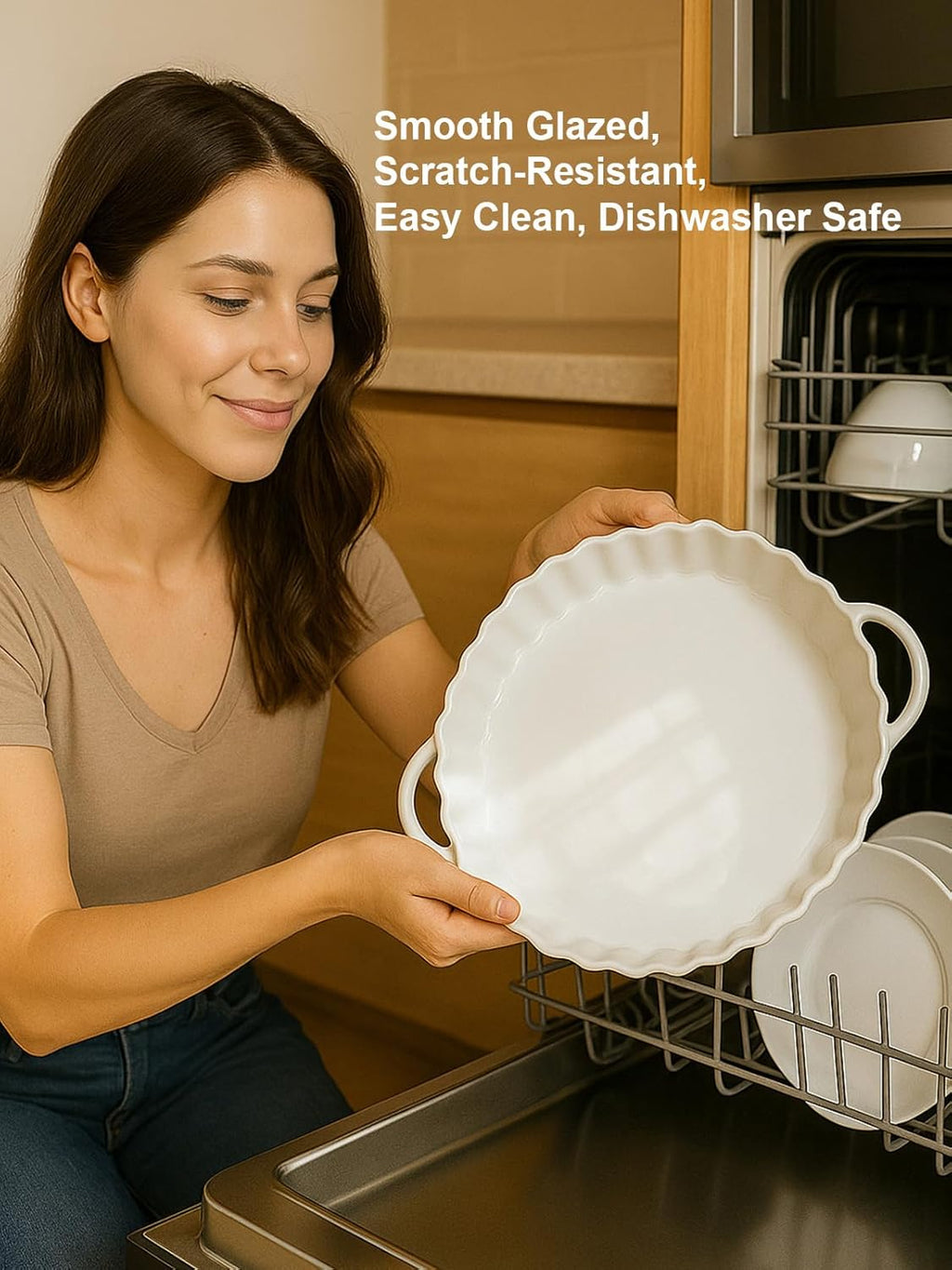 Skiennix Deep Ceramic Pie Pan - 10x2 Inch with Easy Grip Handles | Lead-Free, Oven Safe for Baking