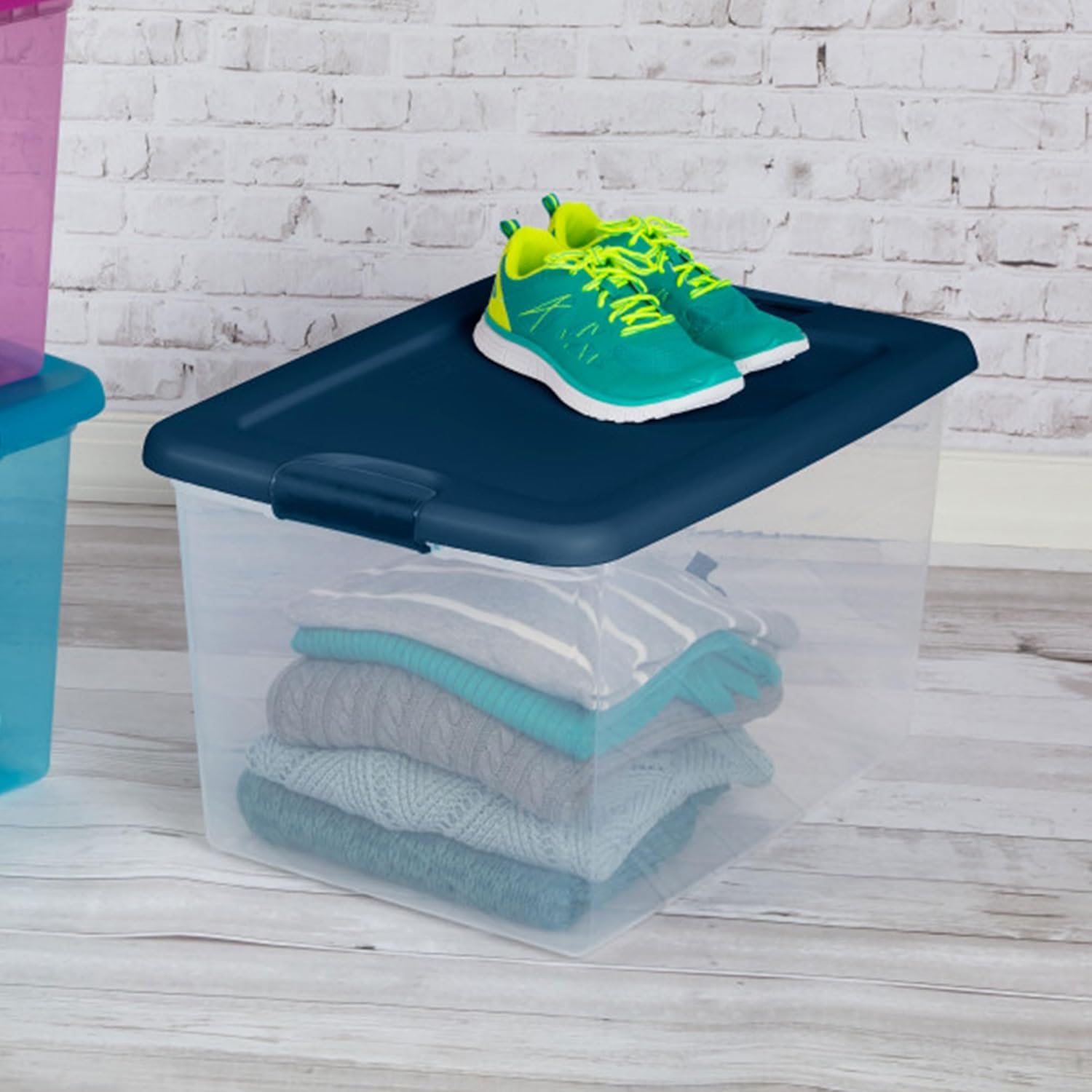 Sterilite Large Clear Plastic Storage Bins - 6-Pack 64 Quart Stackable Organizing Boxes in Blue