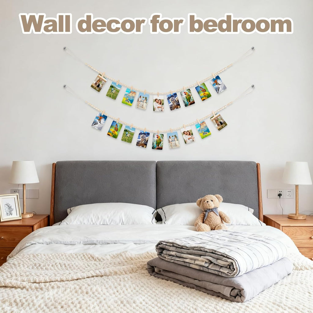 Skiennix 2 Pack Hanging Photo Display - Boho Wooden Bead Garland Wall Decor with 9 Clips for Home & Office