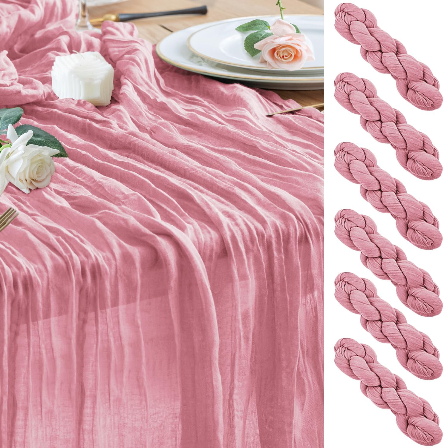 Wokceer Cheesecloth Table Runner - 10FT Pink Boho Gauze | 6-Pack Rustic Sheer Decor for Parties & Events