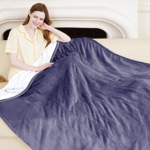 VELLUBAM Heated Blanket Throw 50" x 60" - Soft Flannel Sherpa Electric Blanket Throw with 5 Heating Levels & 4 Hours Auto Off, Machine Washable, Ideal Gift for Grandma (Purple)