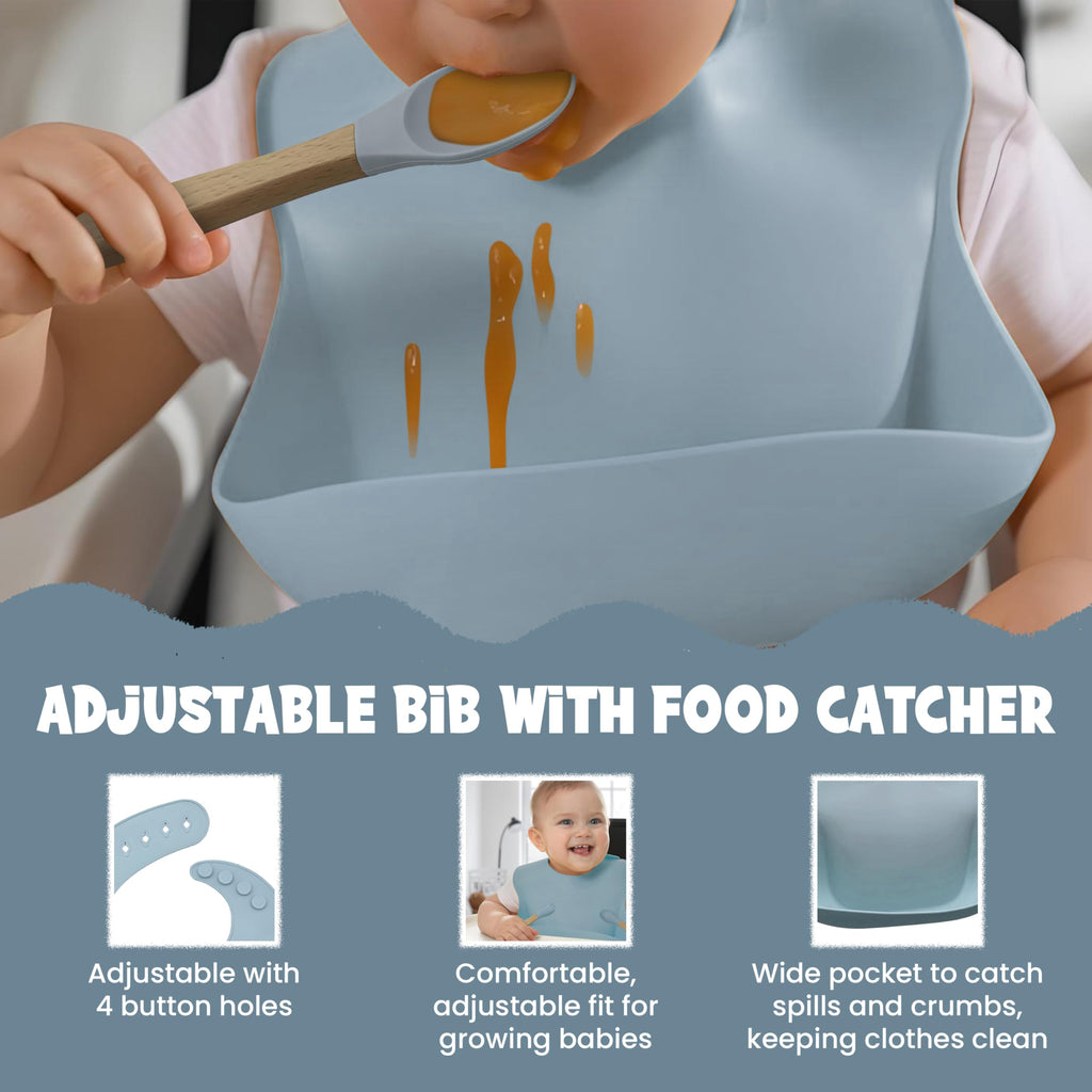 Baby Feeding Essentials, Baby Led Weaning Supplies, Silicone Baby Feeding Set, with Baby Spoon, Fork, Baby Bib, Sippy Cup, Suction Plate, Suction Bowl, Baby Eating Essentials, 6+ Months (Dusty Blue)