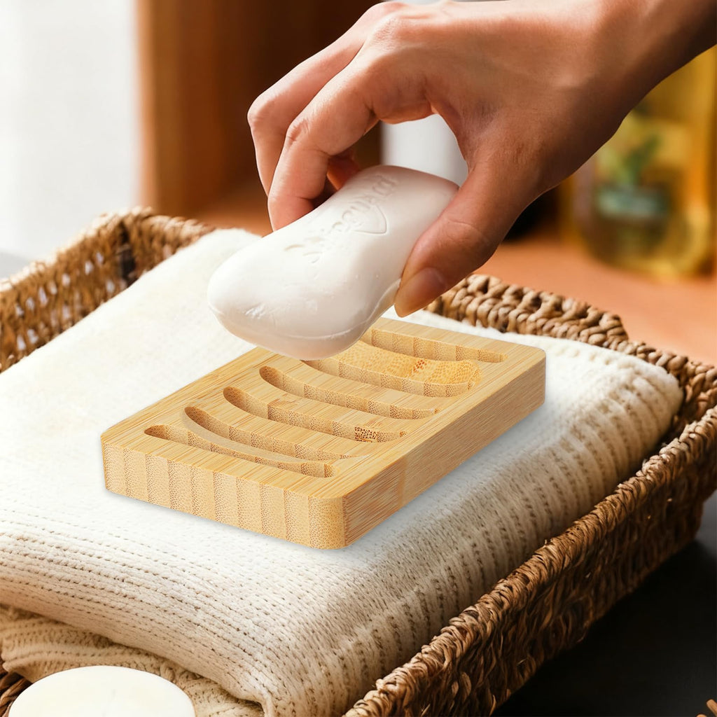 Magift 2 Pack Wooden Soap Holder Bamboo Soap Dish for Shower with Self Draining Tray Natural Bar Soap Holder and Soap Saver for Bathroom Kitchen Sink